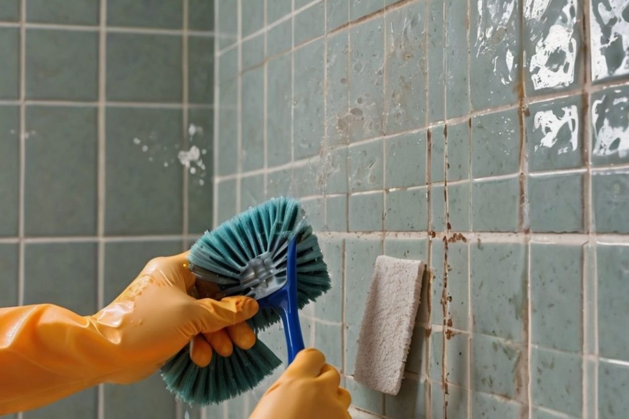 A person wearing yellow gloves is cleaning a tile wall, representing a bathroom mold removal service in Seattle, WA.